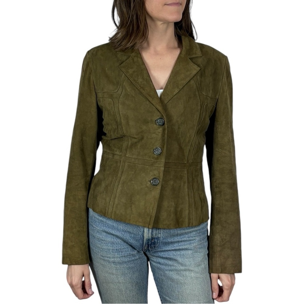 Olive Green Women's Suede Leather Jacket - Tailored Button-Front